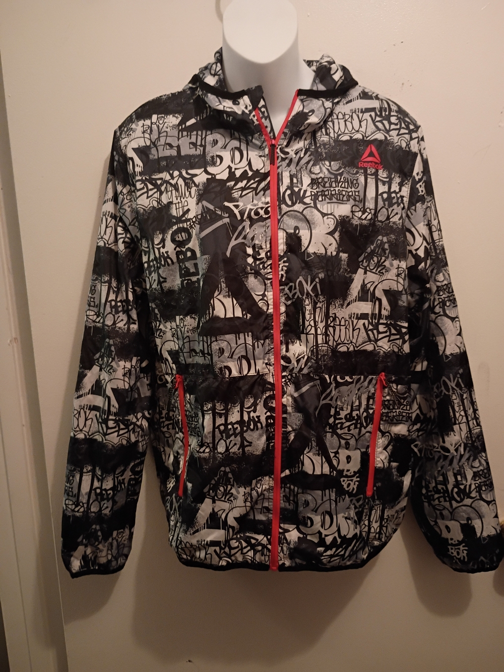 Boys Reebok Black & White Graffiti Print Windbreaker with Red Trim